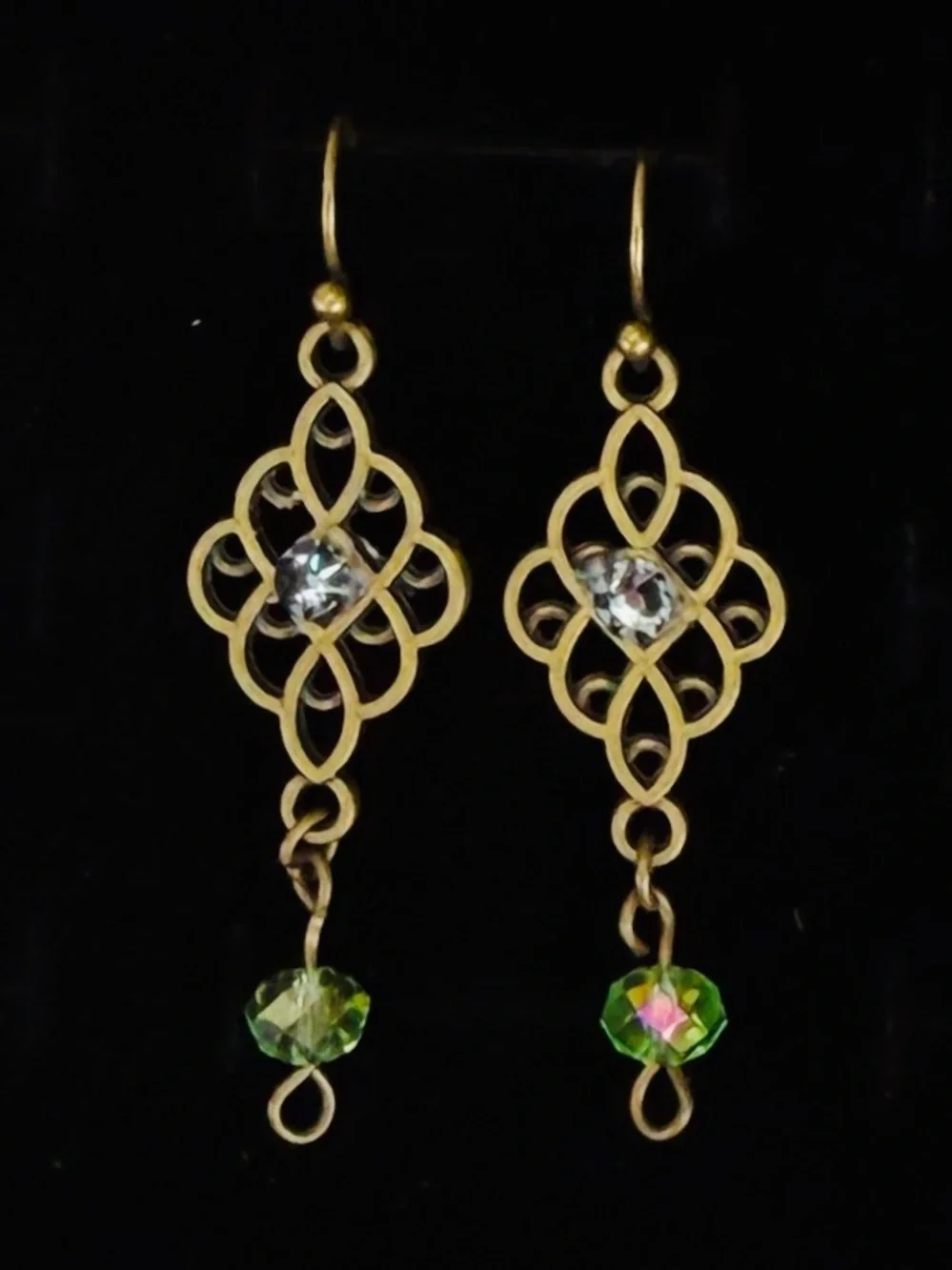 Bohemian chic, aged bronze tone, green bead, lightweight pierced earrings